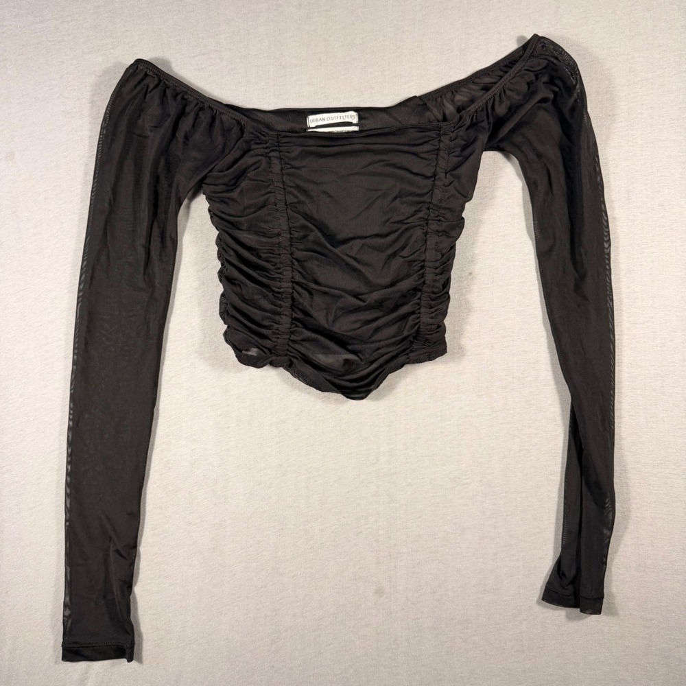 Urban Outfitters Black Ruched Mesh Long Sleeve Off Shoulder Crop Top Small